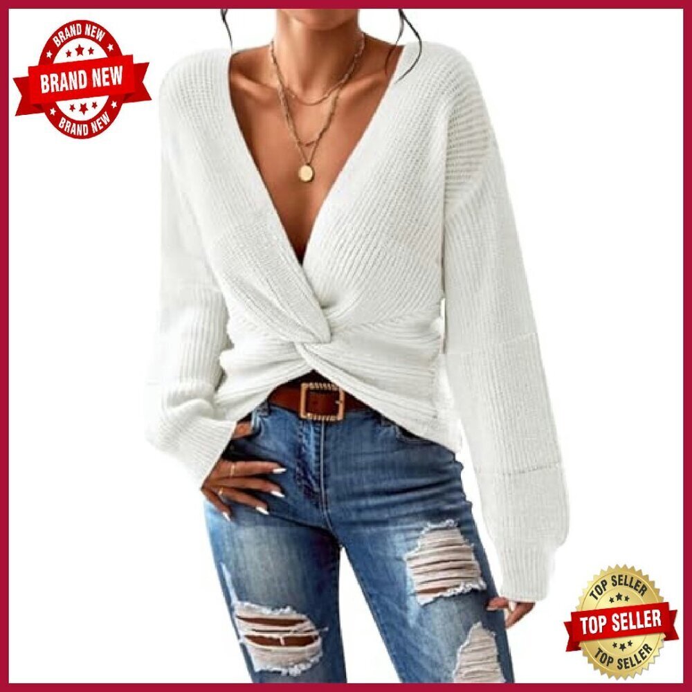 Cropped V-Neck Knit Sweater Long Sleeve Pullover Casual Tops - Picture 2 of 8